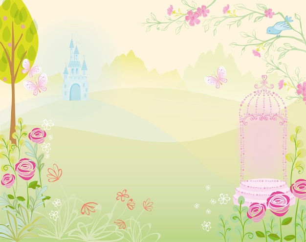 Vector castle palace with  garden landscape illustration for fairytale princess design