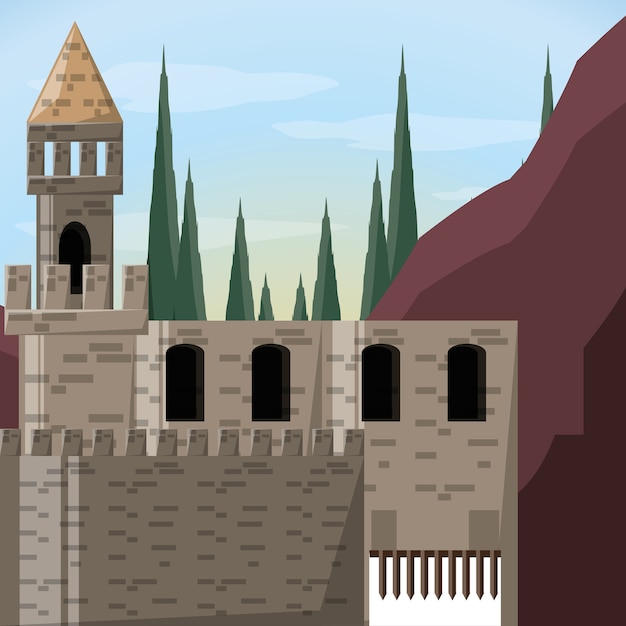 Castle and pine trees of palace medieval 