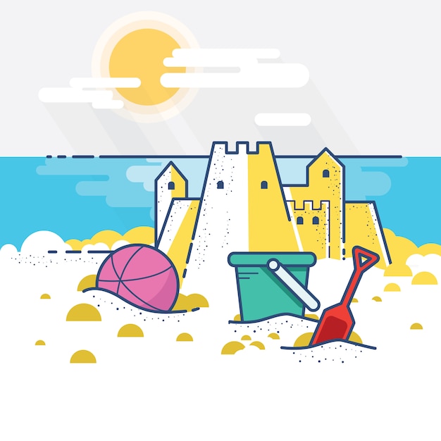 Vector castle sand at a beach with flat design concept