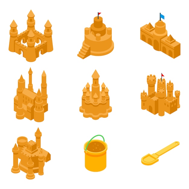 Castle sand icons set, isometric style