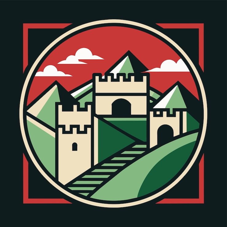 Vector a castle standing tall on a hill overlooking the surrounding landscape a geometric interpretation of the great wall of china minimalist simple modern vector logo design