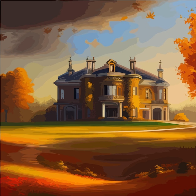 A castle on top of a hill surrounded by trees autumn landscape on a sunny day vector illustration