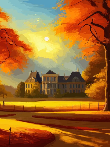 A castle on top of a hill surrounded by trees autumn landscape on a sunny day vector illustration