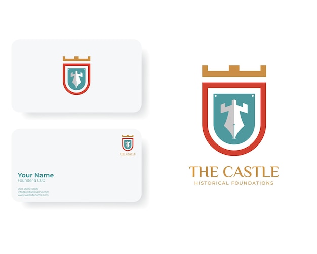 Castle Tower-logo met penpuntillustratie binnenin in plat ontwerp