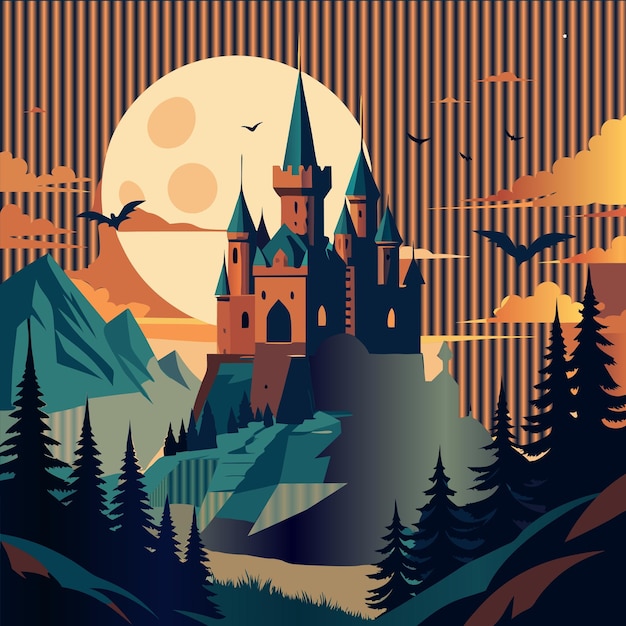 a castle with bats flying over a forest with a moon in the background