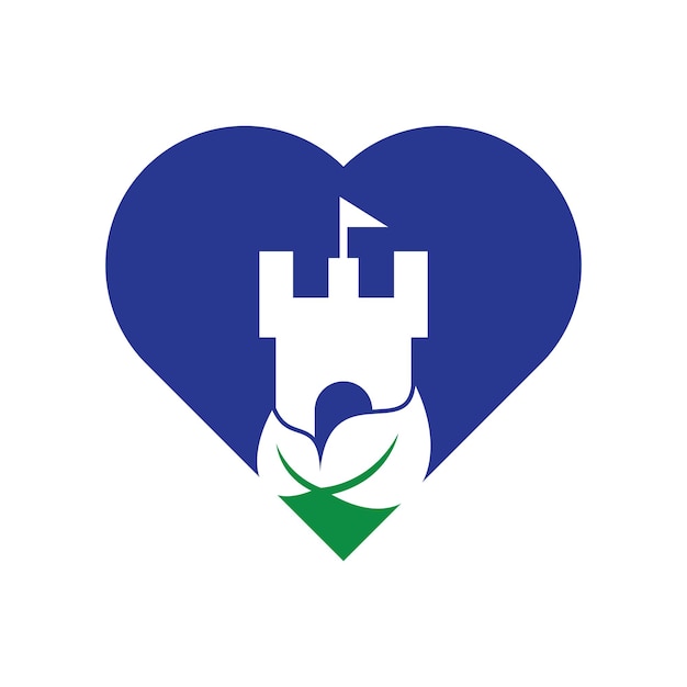 Il logo vettoriale del castello con icona a foglia e cuore nature castle logo disegna il concetto vettoriale