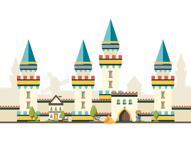 Vector castle with towers. horizontal brick wall from castle with big wooden door  flat pictures.