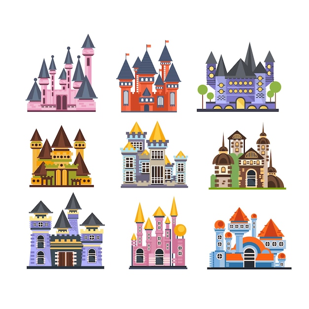 Castles and fortresses set fairy medieval buildings vector Illustrations isolated on a white background