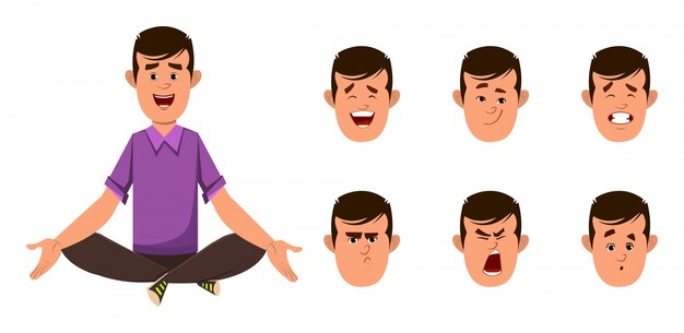 Casual boy cartoon character doing yoga or relax meditation.