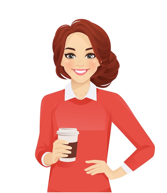 Casual business woman with coffee cup isolated vector illustration