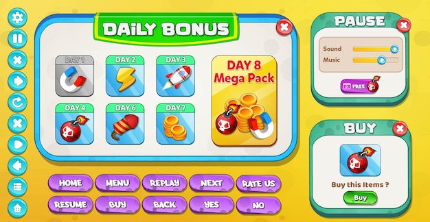 Vector casual cartoon kids game ui daily bonus, pause and buy menu pop up with stars buttons