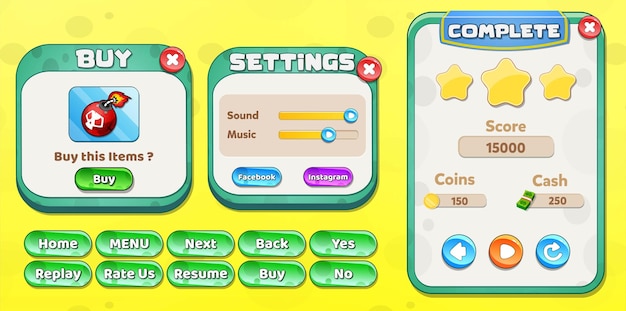 Casual cartoon kids game ui level complete, settings and buy menu pop up with stars buttons