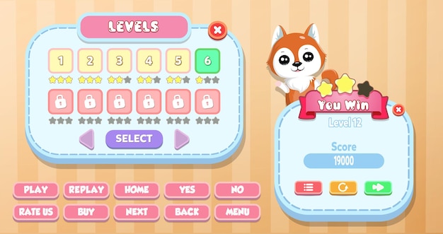 Casual cartoon kids game ui level selection en you win menu pop-up met sterren, knoppen en kat