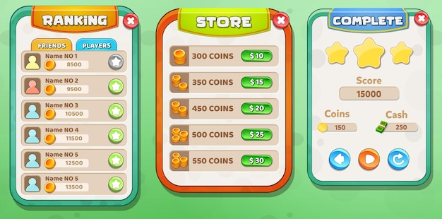 Casual Cartoon Kids Game UI Ranking, Store en Level Compleet menu Pop-up met sterrenknoppen