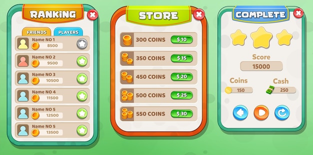 Vector casual cartoon kids game ui ranking, store and  level complete menu pop up with stars buttons