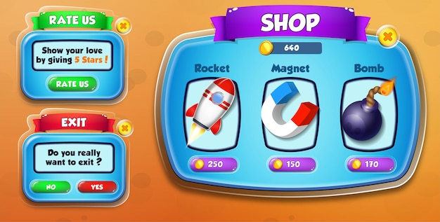 Casual cartoon kids game ui shop, beoordeel ons en sluit het menu af