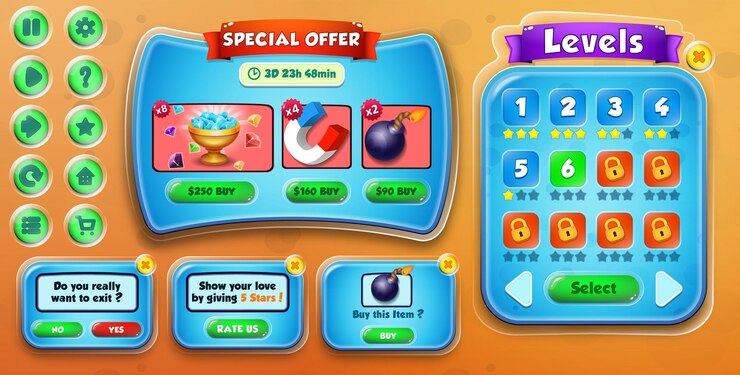 Casual Cartoon Kids Game UI Special Offer, Exit, Rate US, Buy and Levels Selection Menu Pop Up
