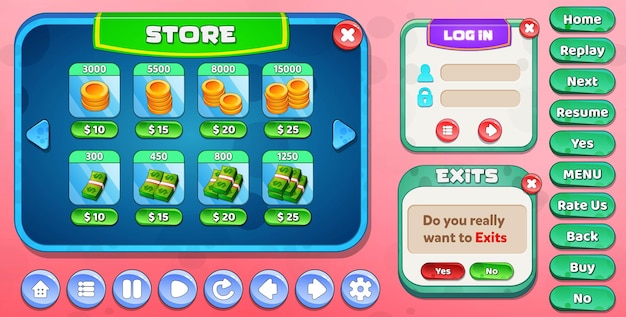 Casual cartoon kids game ui store, log in  and  exit menu pop up with stars buttons