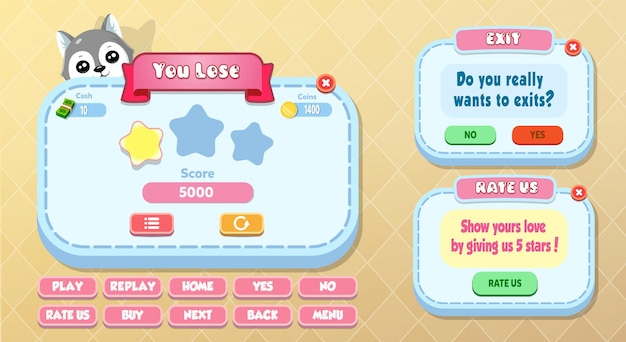 Casual cartoon kids game ui you lose, rate us and exit menu pop up with stars, buttons  and cat