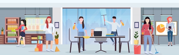 casual coworkers team cleaners working together cleaning service concept creative co-working center modern conference room office interior flat full length horizontal