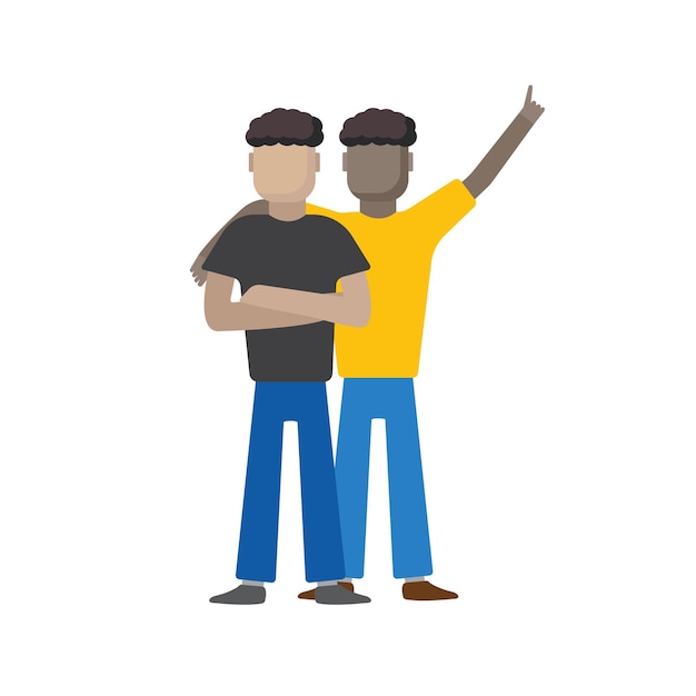 캐주얼 옷을 입고 간단한 만화 남성 캐릭터 쌍둥이 친한 친구아프리카계 미국인과 유럽인은 단순한 만화 평면 그래픽을 포옹하는 친구입니다