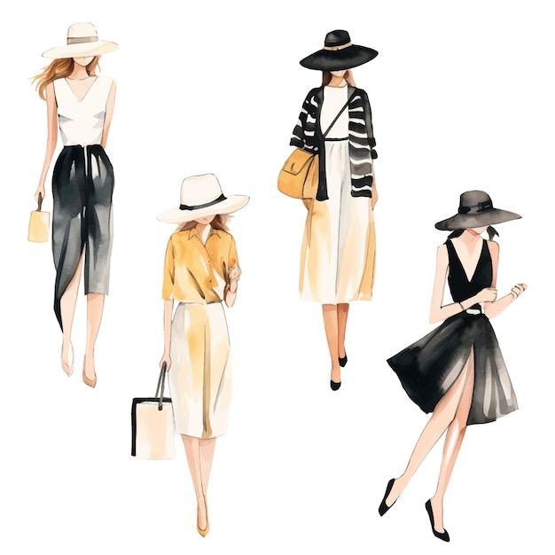 Casual fashion girls sketch Fashion models watercolor vector illustration