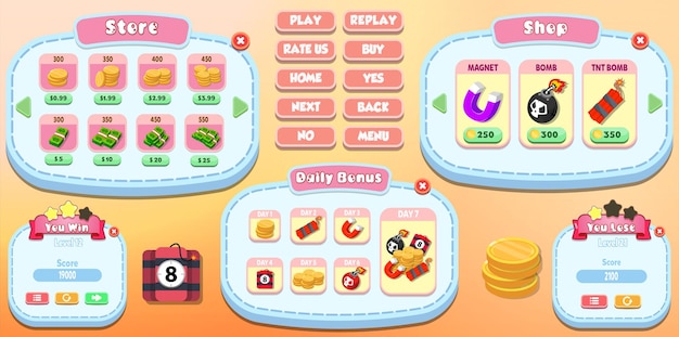 Casual game-ui-kit compleet met pop-upmenu's en game-items