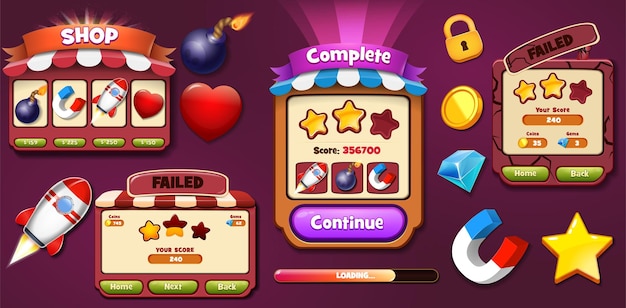 Casual game-ui-kit compleet met pop-upmenu's en game-items