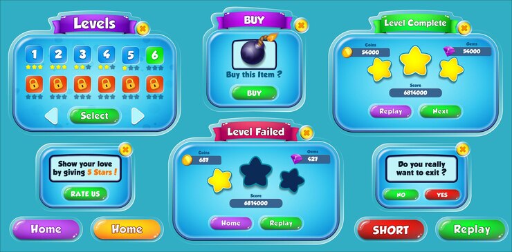 Vector casual game ui kit complete with popups menus and game assets