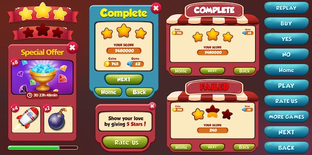 Casual game ui kit menu's pop-upschermen en game-elementen