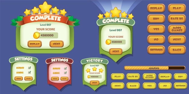 Casual Game Ui Kit Menu's pop-upschermen en Game-elementen