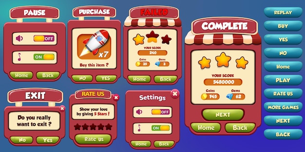 Casual game ui kit menu a comparsa schermate ed elementi di gioco Vettore Premium