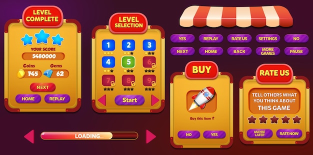 Casual game ui kit menu a comparsa schermate ed elementi di gioco