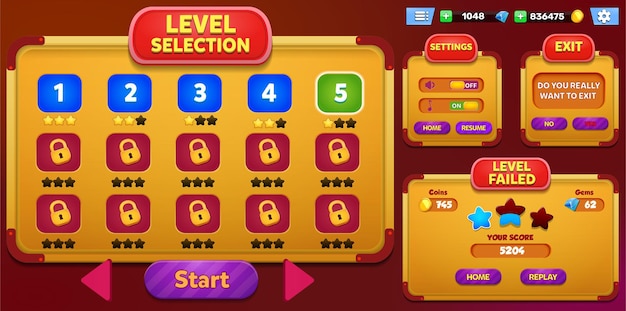 Vettore casual game ui kit menu a comparsa schermate ed elementi di gioco