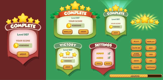 Vector casual game ui kit menus pop up screens and game elements