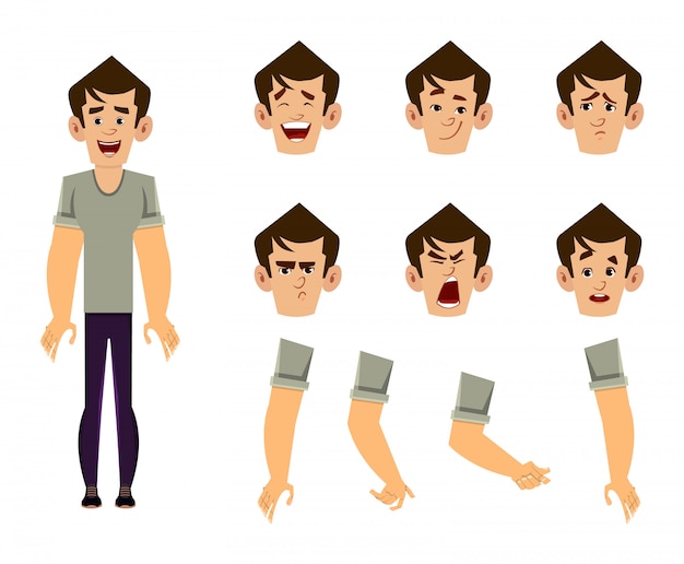 Set di personaggi dei cartoni animati casual per la tua animazione, design o movimento con diverse emozioni e mani facciali