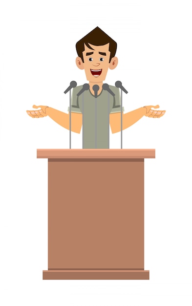 Vector casual man cartoon character speaker stands behind the podium and speaks