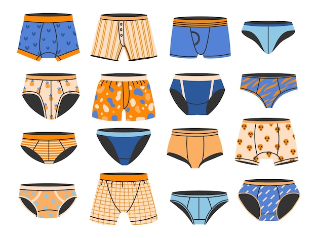 Vecteur Stock Male underwear types flat vector icons set. Modern man briefs  fashion styles on torso figures. Front, back view. Underclothes infographic  design elements. Classic briefs, boxers, trunks, string, thong