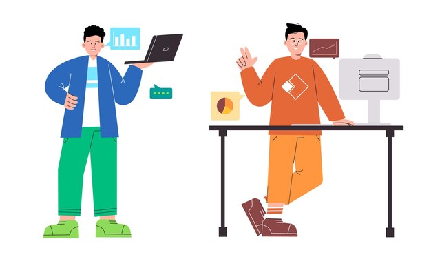 Casual office working man pose in workspace standing desk wearing colorful clothes flat startup
