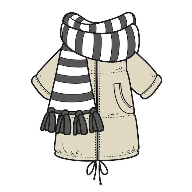 Vector casual oversized heavily insulated coat with a large striped scarf color variation for coloring page