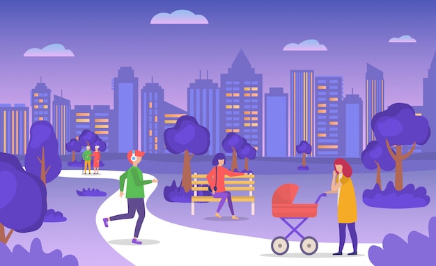 Casual people walking in evening summer city park, eldery couple, mother with baby carriage, young man jogging cartoon  illustration.