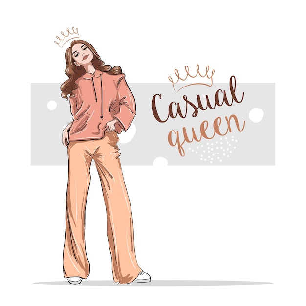 Vector casual queen girl in hoodie full height illustration