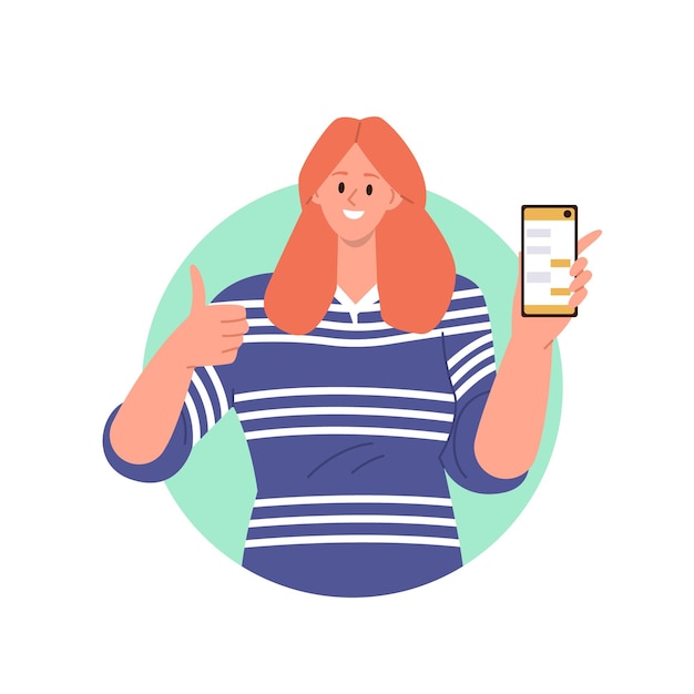 Casual smiling young woman character showing smartphone recommending online digital app service