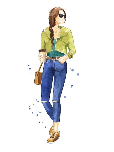 Vector casual street look, watercolor fashion illustration