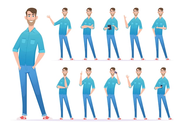 Casual style man Gestures of man in denim jeans confident presenter looking characters exact vector person in action poses