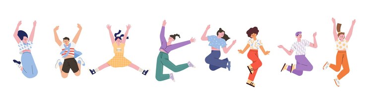 Vector カジュアルなスタイルの人々がポーズをジャンプします。フラットなデザインスタイルのベクトル図です。
