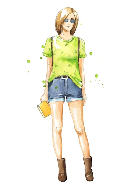 Vector casual summer look, watercolor fashion illustration