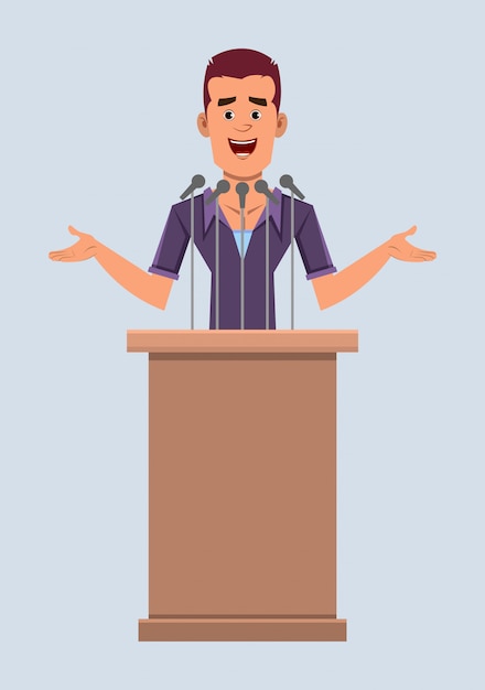 Vector casual zakenman spreker staat achter het podium en spreekt. vlakke stijl stripfiguur voor uw ontwerp, beweging of animatie