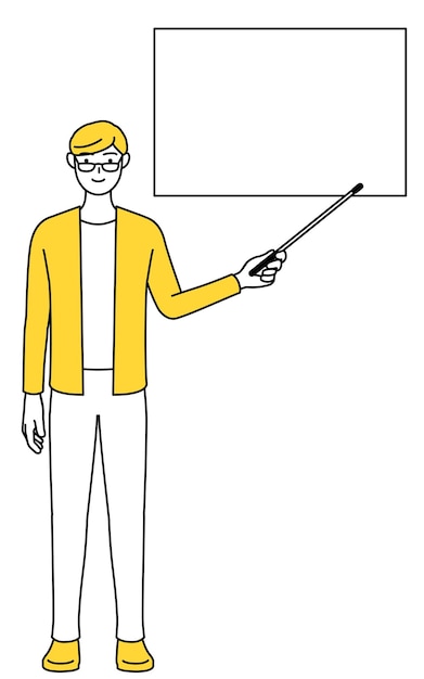 A casually dressed young man pointing at a whiteboard with an indicator stick