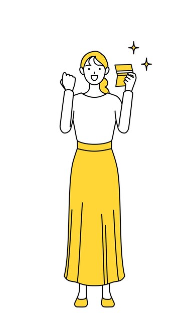 통장을 보고 기뻐하는 캐주얼 차림의 젊은 여성